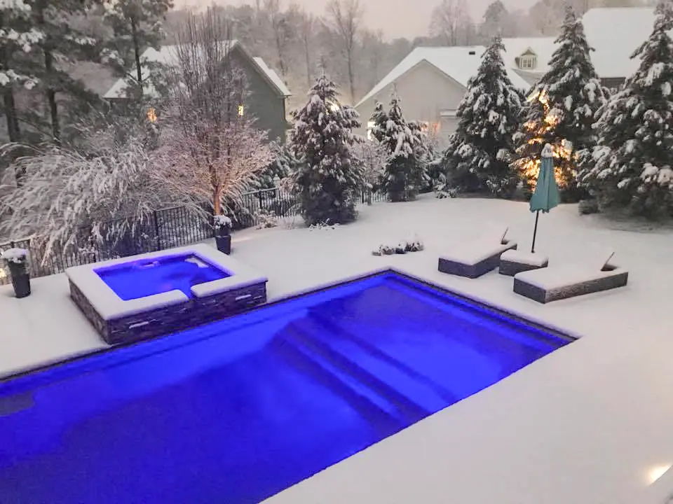Pinnacle in the snow Leisure Pools USA Pinnacle Inground Fiberglass Swimming Pool in the snow